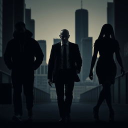 A gripping business thriller scene set in Montreal, showcasing the silhouettes of three dynamic characters walking forward