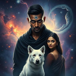 A cinematic magical film poster featuring a 27-year-old Indian man with very short, trimmed hair and a dark face, showcasing completely black eyes