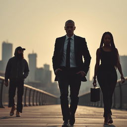 A gripping business thriller scene set in Montreal, showcasing the silhouettes of three dynamic characters walking forward