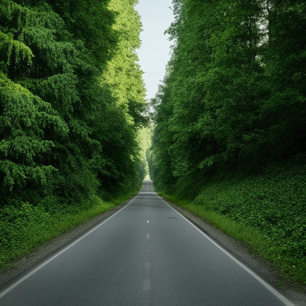 A frontal view of a well-tarred road stretching straight ahead, surrounded by the dense, verdant vegetation of a forest on both sides.