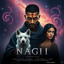 A cinematic magical film poster featuring a 27-year-old Indian man with very short, trimmed hair and a dark face, showcasing completely black eyes