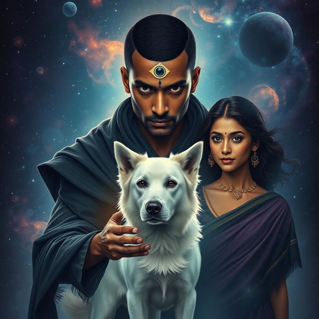 A cinematic magical film poster featuring a 27-year-old Indian man with very short, trimmed hair and a dark face, showcasing completely black eyes