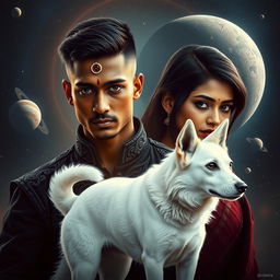 A cinematic magical film poster featuring a 27-year-old Indian man with very short, trimmed hair and a dark face, showcasing completely black eyes