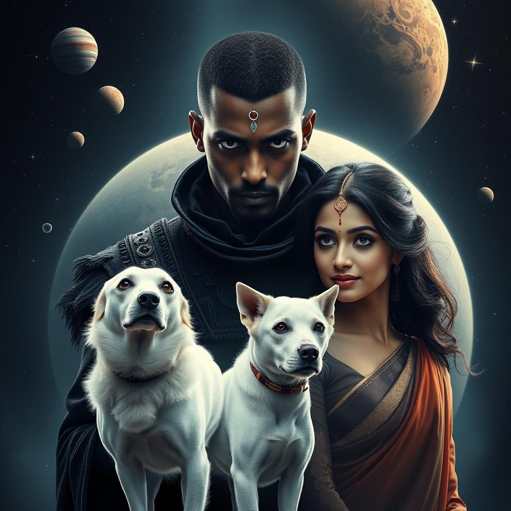 A cinematic magical film poster featuring a 27-year-old Indian man with very short, trimmed hair and a dark face, showcasing completely black eyes