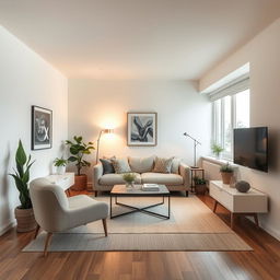 a small living room designed without windows, featuring contemporary furniture arranged for comfort and style, light-colored walls and a neutral-toned sofa, a modern coffee table, decorative elements like indoor plants and artwork on the walls, soft ambient lighting creating a warm atmosphere, wooden flooring adding a natural touch, creating an inviting and stylish living space despite the lack of natural light