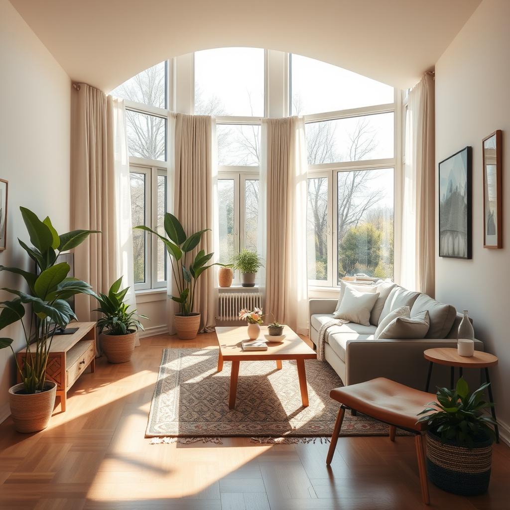 a small living room designed with large windows providing a view of the outdoors, featuring cozy furniture arranged for comfort and conversation, light-colored walls and a stylish sofa, a coffee table made of natural wood, indoor plants enhancing the natural light, soft curtains gently blowing with the breeze, warm and inviting atmosphere created by sunlight streaming in, wooden flooring completing the inviting look of the space