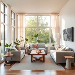 a small living room designed with large windows providing a view of the outdoors, featuring cozy furniture arranged for comfort and conversation, light-colored walls and a stylish sofa, a coffee table made of natural wood, indoor plants enhancing the natural light, soft curtains gently blowing with the breeze, warm and inviting atmosphere created by sunlight streaming in, wooden flooring completing the inviting look of the space