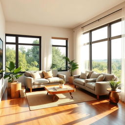 a small living room designed with large windows providing a view of the outdoors, featuring cozy furniture arranged for comfort and conversation, light-colored walls and a stylish sofa, a coffee table made of natural wood, indoor plants enhancing the natural light, soft curtains gently blowing with the breeze, warm and inviting atmosphere created by sunlight streaming in, wooden flooring completing the inviting look of the space