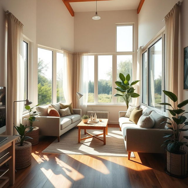 a small living room designed with large windows providing a view of the outdoors, featuring cozy furniture arranged for comfort and conversation, light-colored walls and a stylish sofa, a coffee table made of natural wood, indoor plants enhancing the natural light, soft curtains gently blowing with the breeze, warm and inviting atmosphere created by sunlight streaming in, wooden flooring completing the inviting look of the space