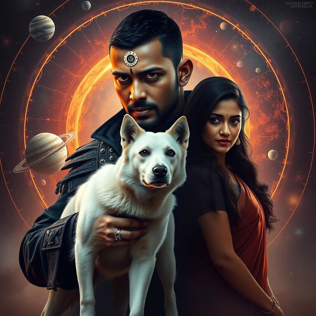 A cinematic magical film poster featuring a 27-year-old Indian man with very short, trimmed hair and a dark face, showcasing completely black eyes