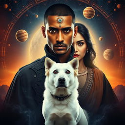 A cinematic magical film poster featuring a 27-year-old Indian man with very short, trimmed hair and a dark face, showcasing completely black eyes