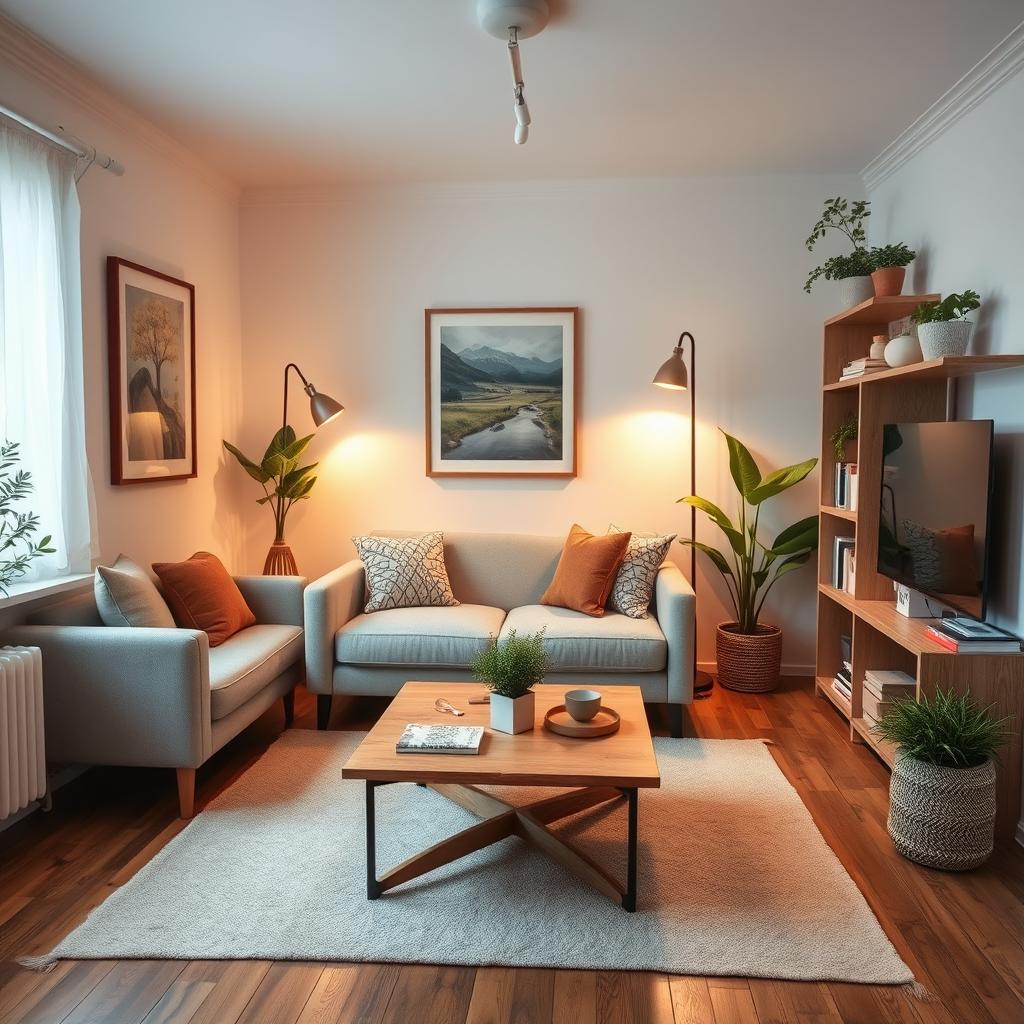 a small living room that is cozy and inviting, featuring a comfortable sofa with soft cushions, a stylish coffee table in the center, light-colored walls adorned with tasteful artwork, a few indoor plants adding greenery, warm lighting fixtures that enhance the atmosphere, a cozy rug on the wooden floor, and a simple bookshelf filled with books and decorative items, creating a perfect space for relaxation and socializing