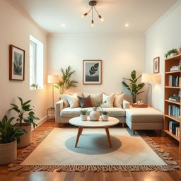 a small living room that is cozy and inviting, featuring a comfortable sofa with soft cushions, a stylish coffee table in the center, light-colored walls adorned with tasteful artwork, a few indoor plants adding greenery, warm lighting fixtures that enhance the atmosphere, a cozy rug on the wooden floor, and a simple bookshelf filled with books and decorative items, creating a perfect space for relaxation and socializing