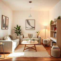 a small living room that is cozy and inviting, featuring a comfortable sofa with soft cushions, a stylish coffee table in the center, light-colored walls adorned with tasteful artwork, a few indoor plants adding greenery, warm lighting fixtures that enhance the atmosphere, a cozy rug on the wooden floor, and a simple bookshelf filled with books and decorative items, creating a perfect space for relaxation and socializing