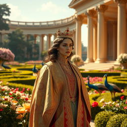 A majestic scene depicting a royal palace set in a lush, vibrant garden filled with blooming flowers and intricate hedges