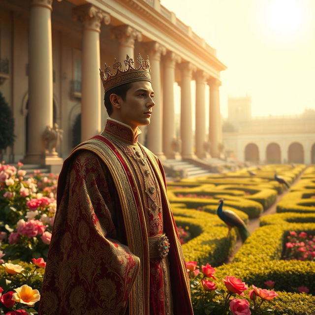 A majestic scene depicting a royal palace set in a lush, vibrant garden filled with blooming flowers and intricate hedges