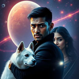 A cinematic magical film poster featuring a 27-year-old Indian man with very short, trimmed hair and a dark face, who has completely black eyes