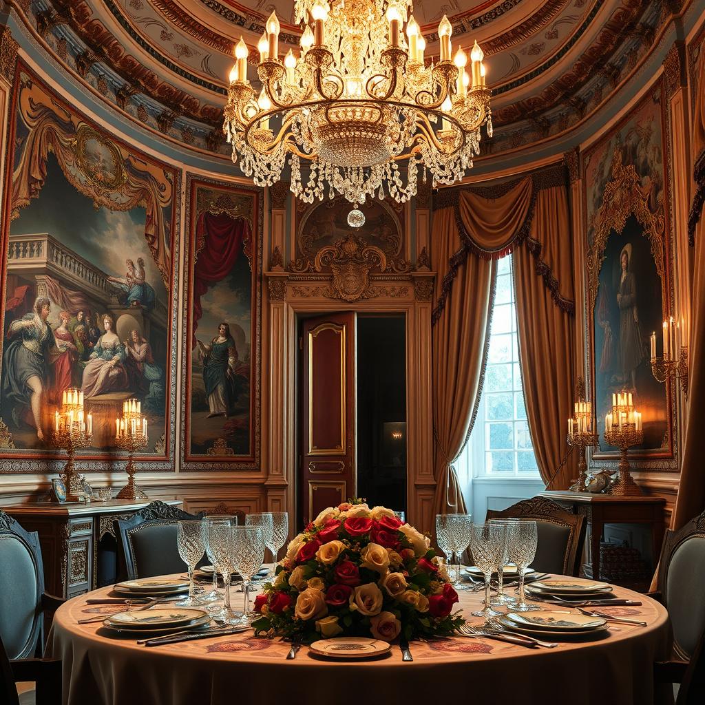 A picturesque and opulent interior of a royal palace, showcasing luxurious decorations and elegant furnishings