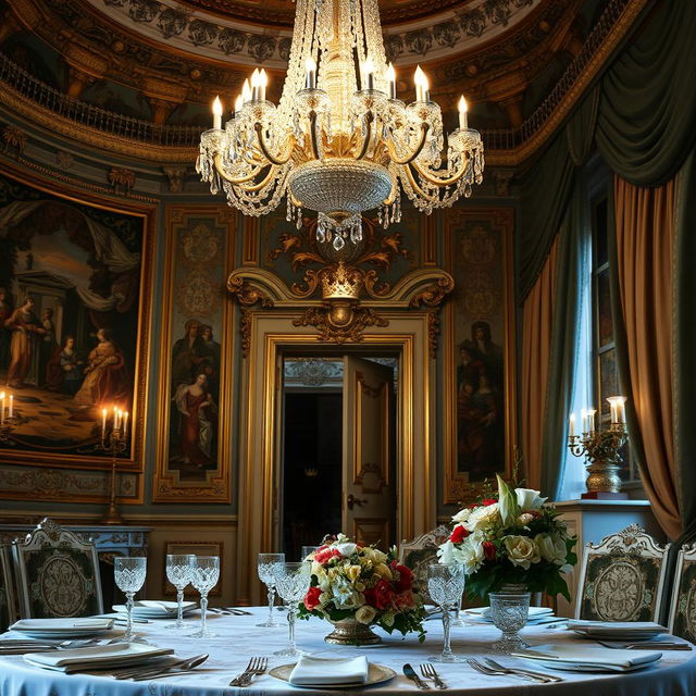 A picturesque and opulent interior of a royal palace, showcasing luxurious decorations and elegant furnishings