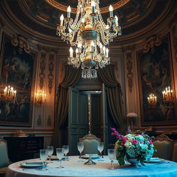 A picturesque and opulent interior of a royal palace, showcasing luxurious decorations and elegant furnishings