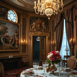 A picturesque and opulent interior of a royal palace, showcasing luxurious decorations and elegant furnishings