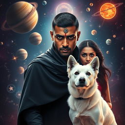 A cinematic magical film poster featuring a 27-year-old Indian man with very short, trimmed hair and a dark face, characterized by his completely black eyes