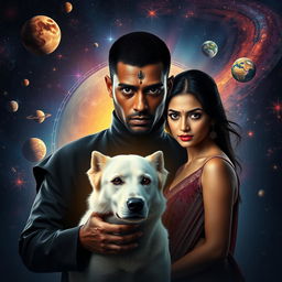 A cinematic magical film poster featuring a 27-year-old Indian man with very short, trimmed hair and a dark face, characterized by his completely black eyes