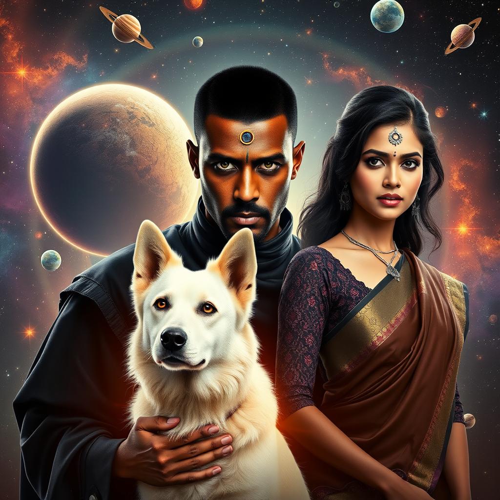 A cinematic magical film poster featuring a 27-year-old Indian man with very short, trimmed hair and a dark face, characterized by his completely black eyes