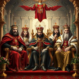 A majestic scene depicting the historical kings of Spain throughout different eras, showcasing their regal attire, lavish crowns, and ornate thrones