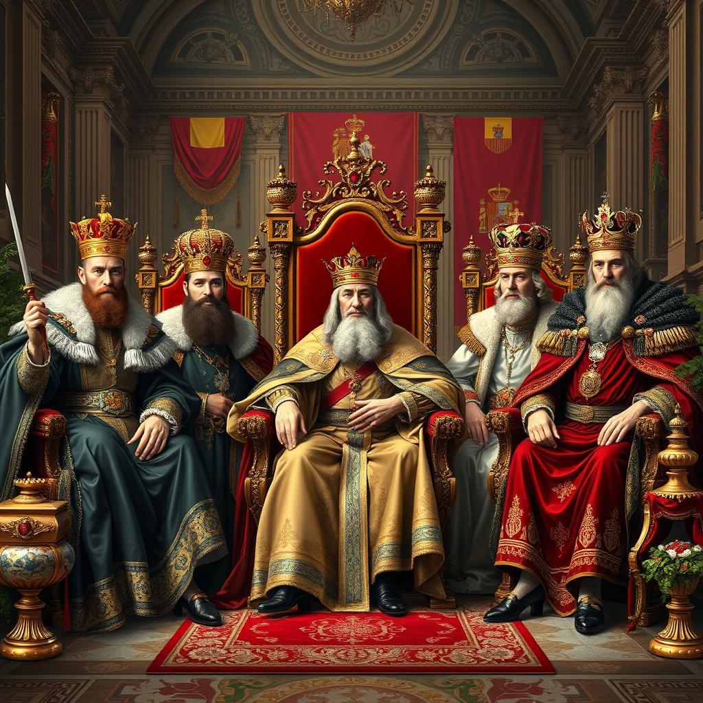 A majestic scene depicting the historical kings of Spain throughout different eras, showcasing their regal attire, lavish crowns, and ornate thrones