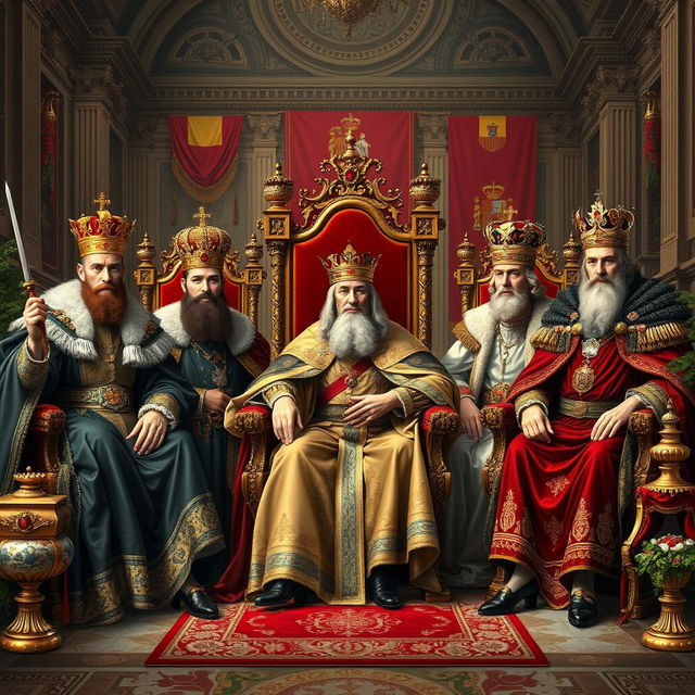 A majestic scene depicting the historical kings of Spain throughout different eras, showcasing their regal attire, lavish crowns, and ornate thrones