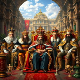 A majestic scene depicting the historical kings of Spain throughout different eras, showcasing their regal attire, lavish crowns, and ornate thrones