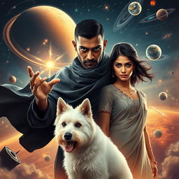 A cinematic magical film poster featuring a 27-year-old Indian man with very short, trimmed hair and a dark face, showcasing completely black eyes