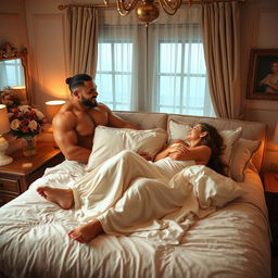 A romantic scene in a cozy bedroom featuring a muscular bodybuilder husband lovingly surprising his wife on a beautifully made bed