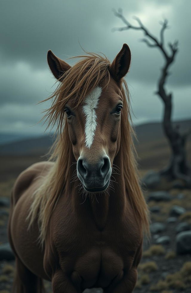 A gritty, live action, hyper-realistic depiction of Bill the Pony from Middle Earth