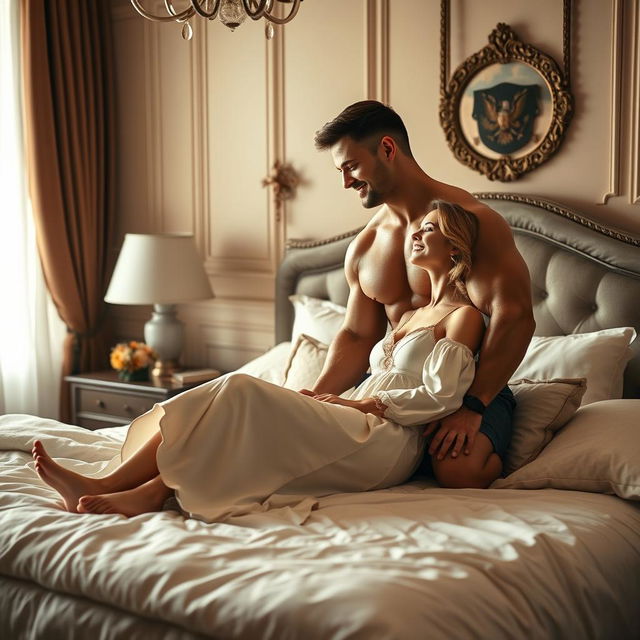 A romantic scene in a cozy bedroom featuring a muscular bodybuilder husband lovingly surprising his wife on a beautifully made bed