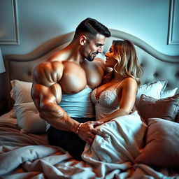 A romantic scene in a softly lit bedroom, showing a muscular bodybuilder husband and his beautiful wife sharing an intimate moment on a luxurious bed