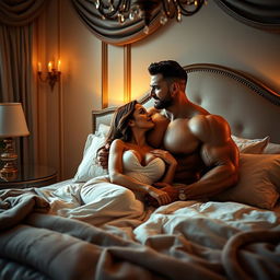 A romantic scene in a softly lit bedroom, showing a muscular bodybuilder husband and his beautiful wife sharing an intimate moment on a luxurious bed