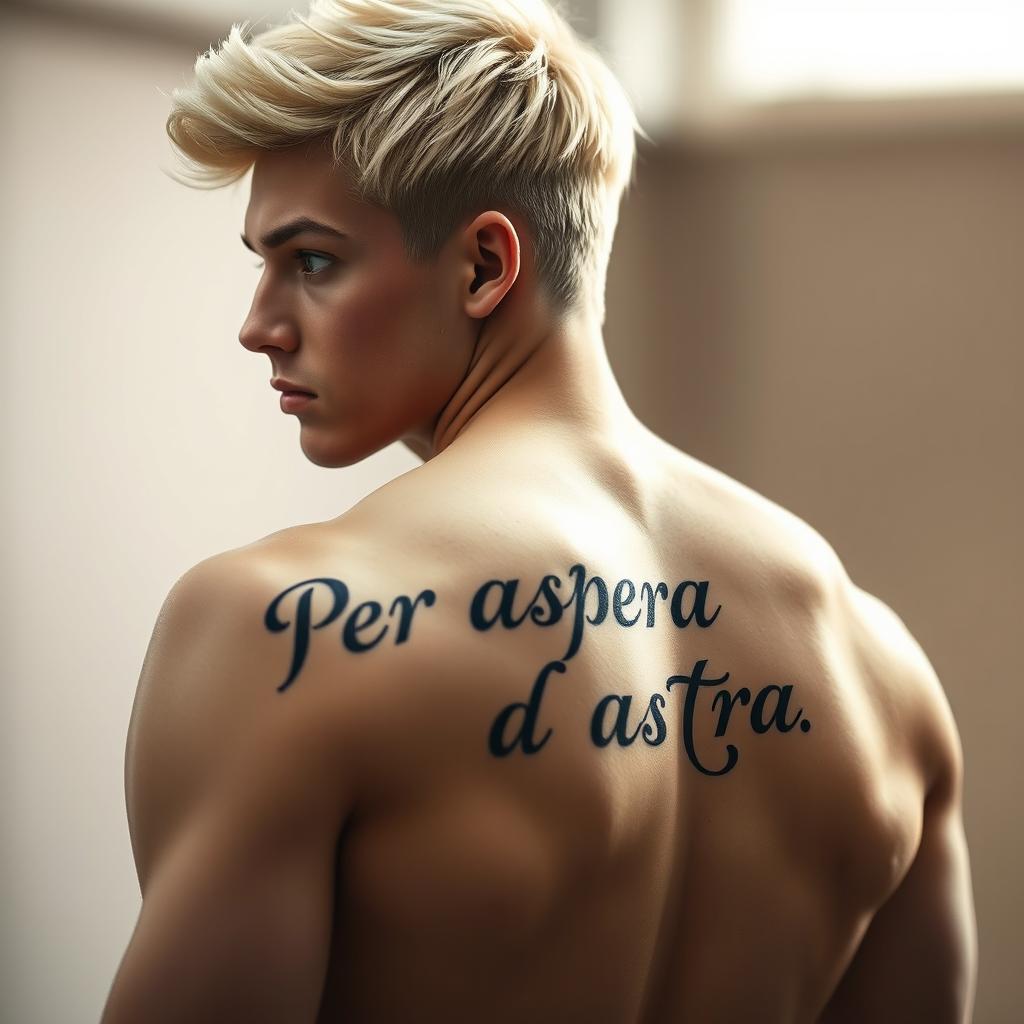 An adult male figure with striking blonde hair and light blue eyes, turned away from the viewer to showcase a tattoo on his back that reads 'Per aspera ad astra'