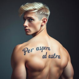 An adult male figure with striking blonde hair and light blue eyes, turned away from the viewer to showcase a tattoo on his back that reads 'Per aspera ad astra'