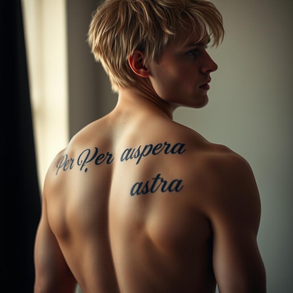 An adult male figure with striking blonde hair and light blue eyes, turned away from the viewer to showcase a tattoo on his back that reads 'Per aspera ad astra'