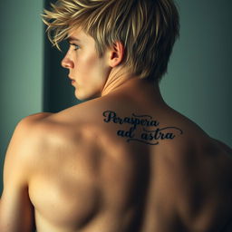 An adult male figure with striking blonde hair and light blue eyes, turned away from the viewer to showcase a tattoo on his back that reads 'Per aspera ad astra'