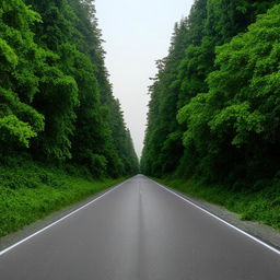 A frontal view of a well-tarred road stretching straight ahead, surrounded by the dense, verdant vegetation of a forest on both sides.