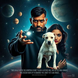 A cinematic magical film poster featuring a 27-year-old Indian man with very short trimmed hair, a dark round-shaped face, and completely black eyes