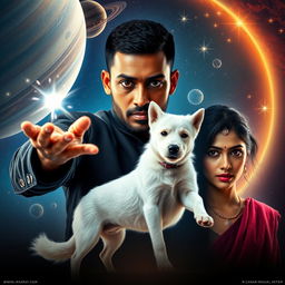 A cinematic magical film poster featuring a 27-year-old Indian man with very short trimmed hair, a dark round-shaped face, and completely black eyes