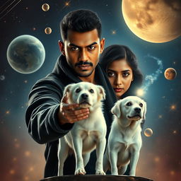 A cinematic magical film poster featuring a 27-year-old Indian man with very short trimmed hair, a dark round-shaped face, and completely black eyes