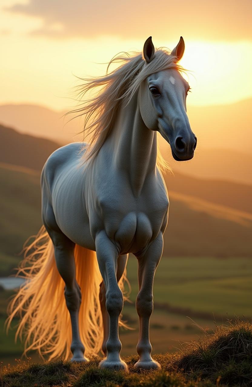 A live action, hyper-realistic depiction of Shadowfax, the magnificent horse from Middle Earth