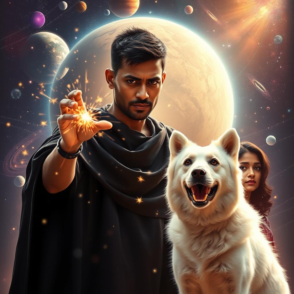 A cinematic magical film poster featuring a 27-year-old Indian man with very short trimmed hair, a dark round-shaped face, and completely black eyes