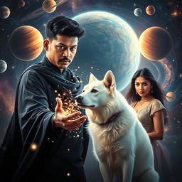 A cinematic magical film poster featuring a 27-year-old Indian man with very short trimmed hair, a dark round-shaped face, and completely black eyes