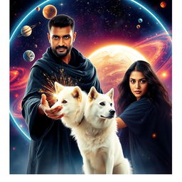 A cinematic magical film poster featuring a 27-year-old Indian man with very short trimmed hair, a dark round-shaped face, and completely black eyes